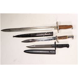 Three bayonets including one Mauser dress bayonet with scabbard, one M1 Gerand dress bayonet without