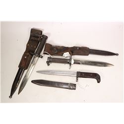 Two Swedish M 96 Mauser bayonets with scabbards and a unmarked bayonet with scabbard.
