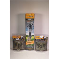 Three new in package SpyPoint items including two steel security box SB-T tree mount camera boxes an