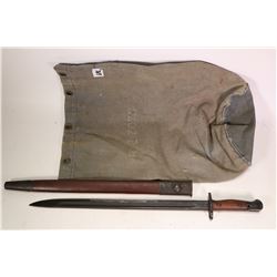 Military rifle bayonet with Austrian markings and scabbard plus a canvas bag.