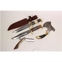 A selection of handmade blades including two 8" hunting knives, one with sheath, a straight razor wi