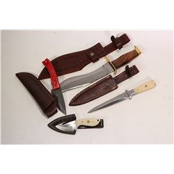 Four handmade Ash knives including a 10  Bowie style knife with leather tooled sheath, a 6 1/2  dagg