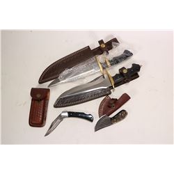 Four handmade Ash knives including an 8" hunting knife with sheath, a 7" hunting knife with sheath,