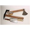 Image 1 : Selection of sharps including wood handled hatchet with Damascus blade, small pick axe, a skinning k