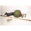 Image 1 : Selection of interesting collectibles including WWII metal helmet with camo. cover, four .50 cal dum