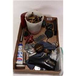 Selection of miscellaneous firearms accessories including small leather revolver holster made by Vik