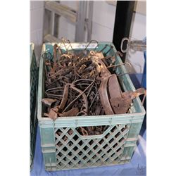 Crate of approximately 40 count of vintage leg hold traps.