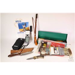 Selection of outdoor items including Garmin GPS 45 portable GPS system NOT tested, DHA Russell knife