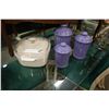 Image 1 : 3 PURPLE CANNISTERS AND BAKE WARE