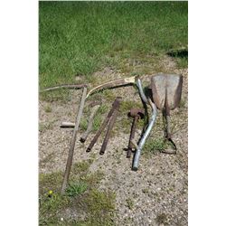 2 scythes, shovels, postmall, axe & old hoof trimmers
