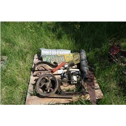 Old license plates, post drill, cult. Shank, muffler, cult. Shovels & grain spout