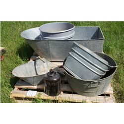 Old bath tub, wash tub, old bottle & grain scoop