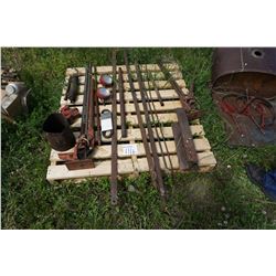 2 jackalls, 2 old tractor lights, rail iron & metal