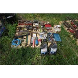 Assortment of tools, pins, bolts, trouble light, drill, oil, welding rods, hack saw, ext. Cord & bel