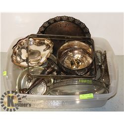 BIN OF ASSORTED SILVER PLATE SERVING PLATTERS