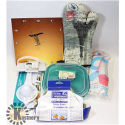 FLAT OF ASSORTED KITCHEN SUPPLIES AND MORE