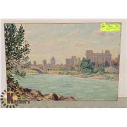 OIL ON PANEL "RIVER AND CITY" BY ARTHUR KELLET