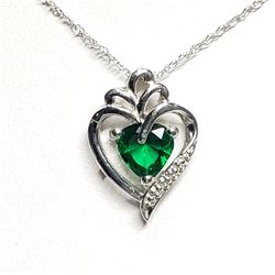 SILVER SIMULATED EMERALD HEART SHAPED PENDANT