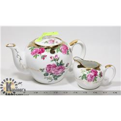 VINTAGE FLORAL BONE CHINA TEA POT & CREAMER