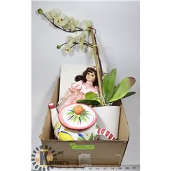 FLAT WITH COLLECTIBLES AND DECOR -PORCELAIN DOLL