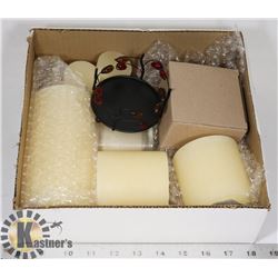 FLAT OF CANDLES AND CANDLE HOLDER