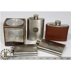 ASSORTMENT OF FLASKS AND A CROWN ROYAL GLASS
