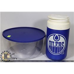 OILERS TRAVEL DRINK HOLDER AND TUPPERWARE CONTAINER