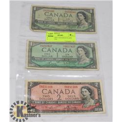 LOT OF 3 1954 CANADIAN $1 & $2 BANK NOTES