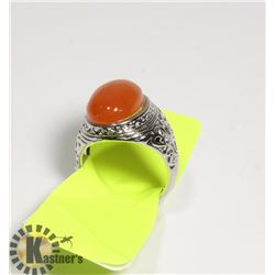 NATURAL AGATE CARNELIAN WHITE METAL RING FOR MEN