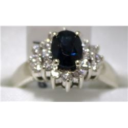 26) 14K WHITE GOLD SAPPHIRE AND DIAMOND RING,