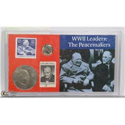 ENCASED CHURCHILL - ROOSEVELT COINS PLUS STAMP