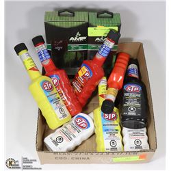 BOX OF STP MOTOR PRODUCTS AND 12 VOLT CHARGERS