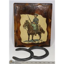 LOT OF VINTAGE COWBOY PICTURES AND HORSE SHOES