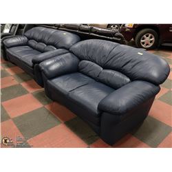 BLUE LEATHER SOFA  80"  AND LOVE SEAT 62" SET