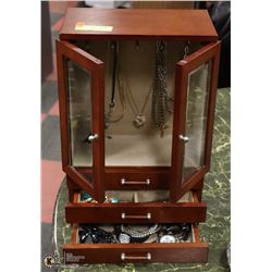 LARGE WOOD JEWELLERY BOX WITH GLASS