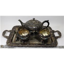 SILVER PLATED PLATTER W/TEA POT, SUGAR &