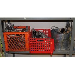 TWO RED CRATES AND 1 BUCKET OF TOOLS
