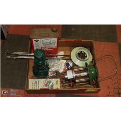 FLAT WITH CAMPING ITEMS, LANTERNS, OIL