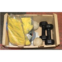 BOX WITH HAND WEIGHTS, BASEBALLS & MORE