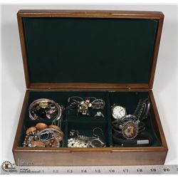 BROWN WOOD JEWELLERY BOX W/ CONTENTS