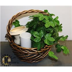 VASES, SILK PLANT AND BASKET