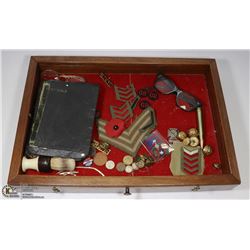 BOX OF SOLDIERS ARTIFACTS AND MILITARY BADGES