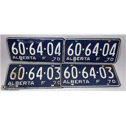 2 PAIRS OF ALBERTA 1970 LICENCE PLATES IN SEQUENCE