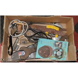 BOX OF ASSORTED HAND TOOLS AND DREMEL