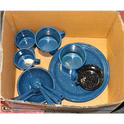 A BOX WITH METAL ENAMELED CAMPING COOKWARE SET