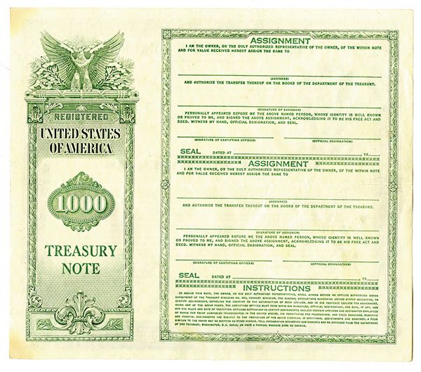 U.S. $1000 Treasury Note, 1984, 13 3/4% Series F-1991 Registered Bond ...
