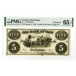 T.C. McDaniels, Payable at the Bank of Troy, NY, 1859 Partially Issued $5 Remainder Obsolete Banknot