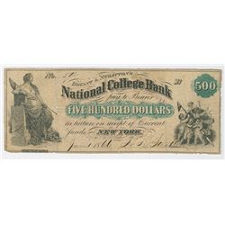 Bryant & Stratton's National College Bank, 1866, $500 Issued College Currency Obsolete Note.
