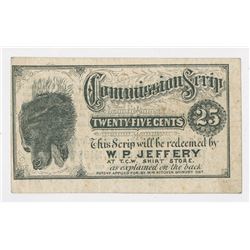 Tiffany Bro's Commission Scrip Issued by W.P. Jeffery, ND (ca.1870's) 25 Cents Scrip Note.