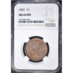 1852 LARGE CENT  NGC MS-64 BN